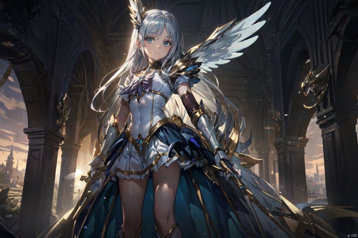 (Magical girl:1.3),smile,(ultra detailed perfect piece:1.2), illustration, masterpiece, (extremely detailed CG 8k), (very fine 8K CG),(silver long hair:1.2), (long hair),green eyes,sparkling,women,magic scenery background ,HXARMOUR