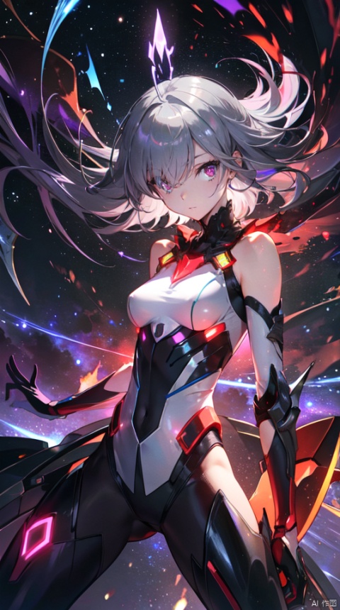  masterpiece, best quality, 1girl, solo, long hair, purple hair, slender,floating hair ,(extremely delicate eyes:1.3)futuristic armour, (extremely detailed silver shiny armour),bare shoulders,white tight bodysuit , breasts, (perfect body),attacking, fire,electric ,magic, purple with red theme,galaxy,powerful ,fazhen, r1ge, CLOUD, Lora_hands_v1