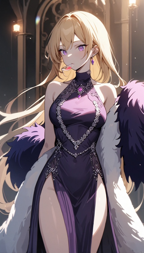  (masterpiece), best quality, very aesthetic, absurdres, (cinematic style),1 girl, skinny body, pastel color, blonde hair, extra long hair, curvy hair, perfect face, purple eyes, detailed eyes, deep purple long turtleneck dress, glitter dress, lace cape, gems, pearls embroidery, elegance gala, luxury interior, shine, (fur shawl), sipping champagne,succubus,portrait,