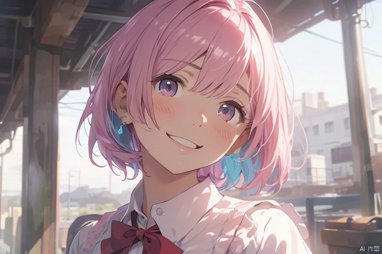 Masterpiece, high quality,best quality, extremely detailed CG unity 8k wallpaper, cute face, woman,1 adlut girl,solo, highres, smooth skin,young face, incredibly absurdres, colorful, illustration , looking at viewer, blush, smile, short hair, bangs, shirt, long sleeves, bow, closed mouth, school uniform, purple eyes, white shirt, upper body, pink hair, collared shirt, indoors, bowtie, pink eyes,red bow, arms up,red bowtie, cozy anime, Apricot eye