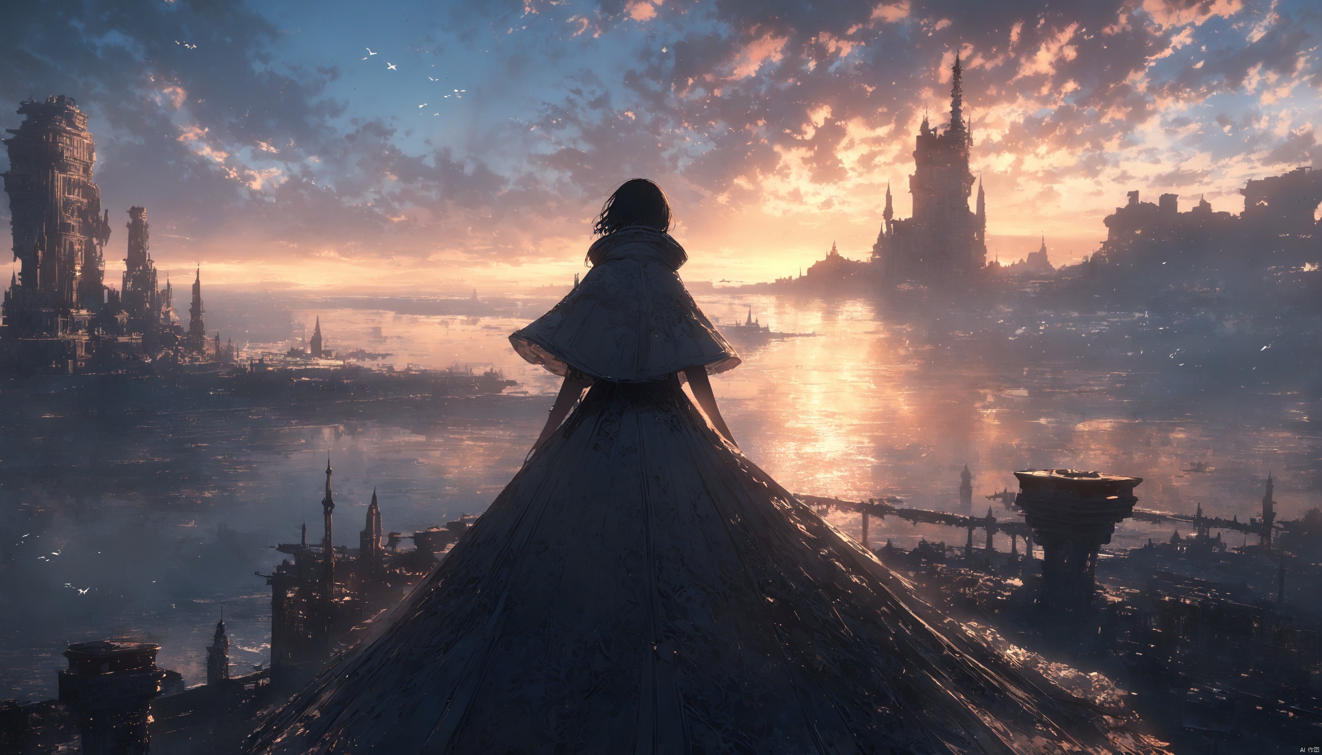 masterpiece,best quality,very aesthetic,ultra sharp,ultra details,intricate details,absurdres,1girl, cloud, scenery, sky, solo, outdoors, dress, horizon, fantasy, standing, tower, short hair, sunset, from behind,side view, cloudy sky, bird, capelet, sunrise, blue sky, sunset, facing away, cityscape, city