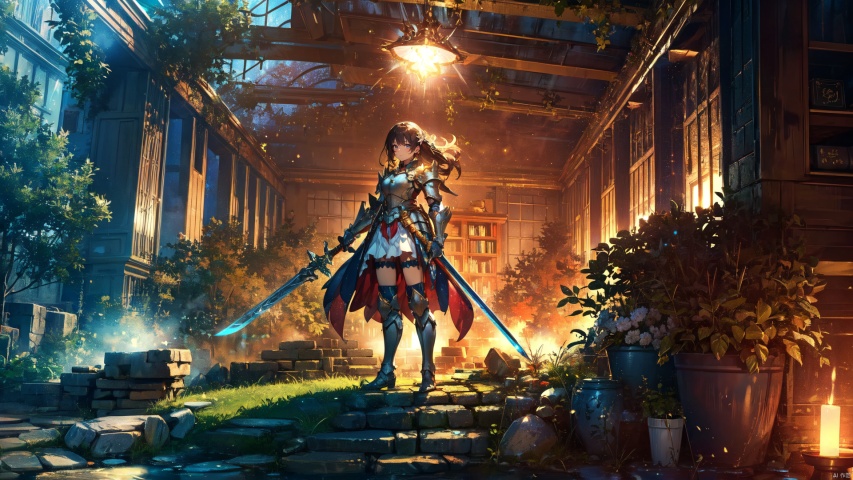  (Masterpiece:1.2), high quality,(pixiv:1.4),(fansty world), {fantasy theme, final fantasy style}, 1girl, solo, alone, knight, armor, weapon, long hair, gauntlets, sword, breastplate, standing, holding weapon,holding sword, planted, planted sword, bangs, plate armor,  hands on hilt, armored boots, faulds, light particles,sitting,  (full body:1.3), glowing, face_focus, ruins background, (masterpiece:1.2), best quality,game cg,fantasy, ultra detailed, illustration, 