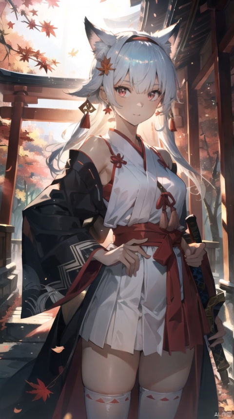 masterpiece, best quality, intricate details, 1girl, upper body,solo, slender, tall,long hair, looking at viewer,  white hair, very long hair, outdoors, serafuku, hair ornament, thighhighs, bare shoulders, jewelry, hairband, earrings, detached sleeves, japanese clothes,wide sleeves, white thighhighs, red skirt, obi, sandals,, tassel, hakama, nontraditional miko, hip vent,sword, red eyes, tree, leaf, katana, realistic, autumn leaves, torii, autumn,fox ears, iridescent light,(glow light:1.1)
, taoist, backlight, segaev, Lora_hands_v1