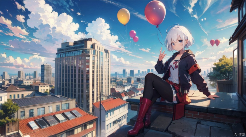  (Masterpiece:1.2), high quality,(pixiv:1.4),fansty world,1girl,cute,kawaii,solo,looking at viewe, looking at viewer, jewelry, blue eyes, short hair, earrings, white hair, bangs, small breasts, the girl is sitting on top of a building overlooking the view and some sky, balloon, scenery, sky, outdoors, cloud, v, boots, blue sky, day, building, cat,((poakl)),