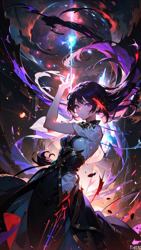  masterpiece, best quality, 1girl, solo, long hair, purple hair, long white dress,slender,fantasy,,floating hair, glowing, fire,electric ,magic, purple with red theme,galaxy,powerful ,fazhen, r1ge, CLOUD