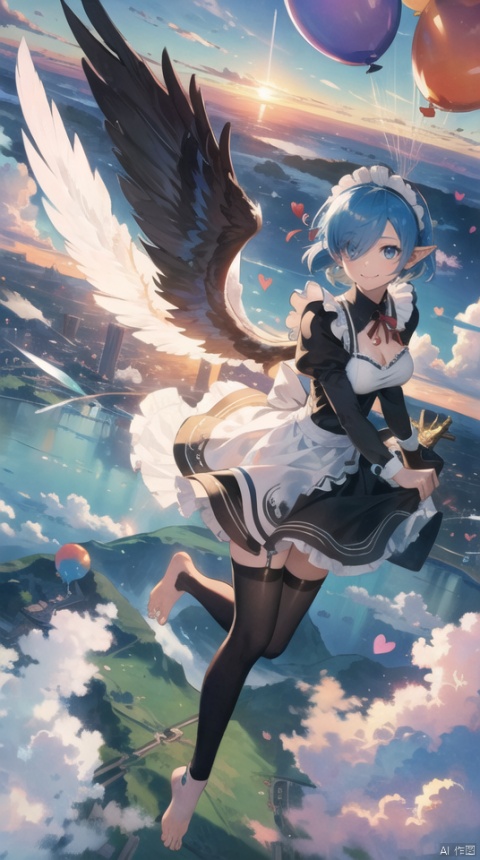  masterpiece, best quality, 1girl, 30 years old,solo,breasts, looking at viewer,(fantasy) ,smile, elf ears,short hair, blue eyes,(sunset:1.1), hair ornament, ribbon, blue hair, hair ribbon, angel wings with wind effect, hair over one eye, barefoot,cloud,maid, parody, hearts balloon,sky castle, roswaal mansion maid uniform,  sky,cloud, segaev, landing, lora_eyes10, , jellyfishforest, See through maid