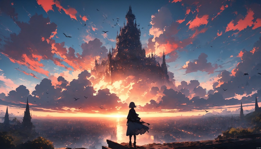 masterpiece,best quality,very aesthetic,ultra sharp,ultra details,intricate details,absurdres,1girl, cloud, scenery, sky, solo, outdoors, dress, horizon, fantasy, standing, tower, short hair, sunset, from behind, cloudy sky, bird, capelet, sunrise, blue sky, sunset, facing away, cityscape, city