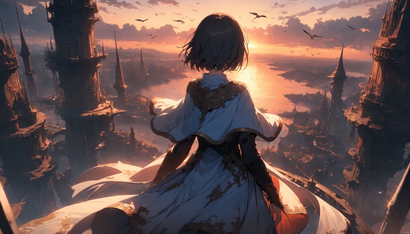 masterpiece,best quality,very aesthetic,ultra sharp,ultra details,intricate details,absurdres,1girl, cloud, scenery, sky, solo, outdoors, dress, horizon, fantasy, standing, tower, short hair, sunset, from behind, cloudy sky, bird, capelet, sunrise, blue sky, sunset, facing away, cityscape, city