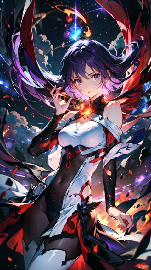  masterpiece, best quality, 1girl, solo, long hair, purple hair, slender,floating hair, mage ,bare shoulders,white dress,white bodysuit , breasts, (perfect body),attacking, fire,electric ,magic, purple with red theme,galaxy,powerful ,fazhen, r1ge, CLOUD, Lora_hands_v1