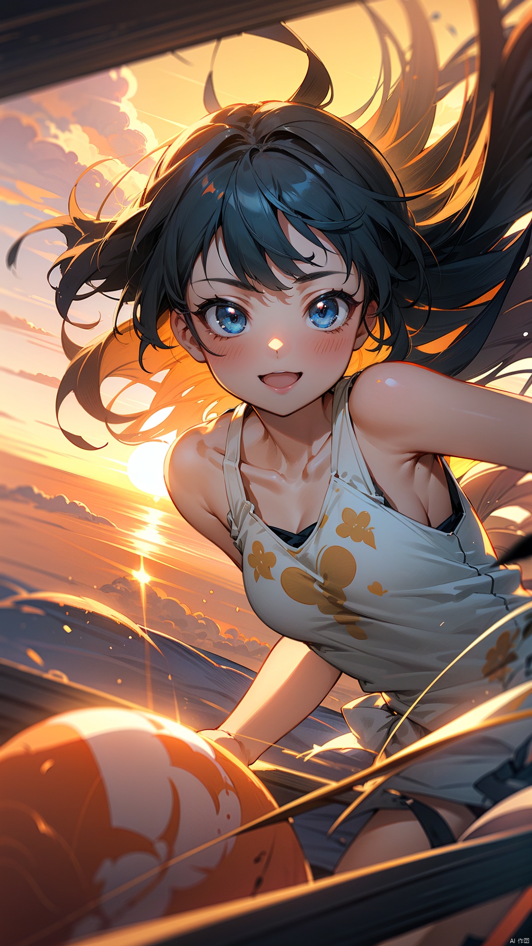 masterpiece, best quality , 1girl, Fantasy world, cute patterned white **** top ,strong wind, sunset, travel, Light in the face, windy, strong sunset,smile, kawaii, (dynamic angle),blue eyes, Lora_hands_v1, girl, jellyfishforest