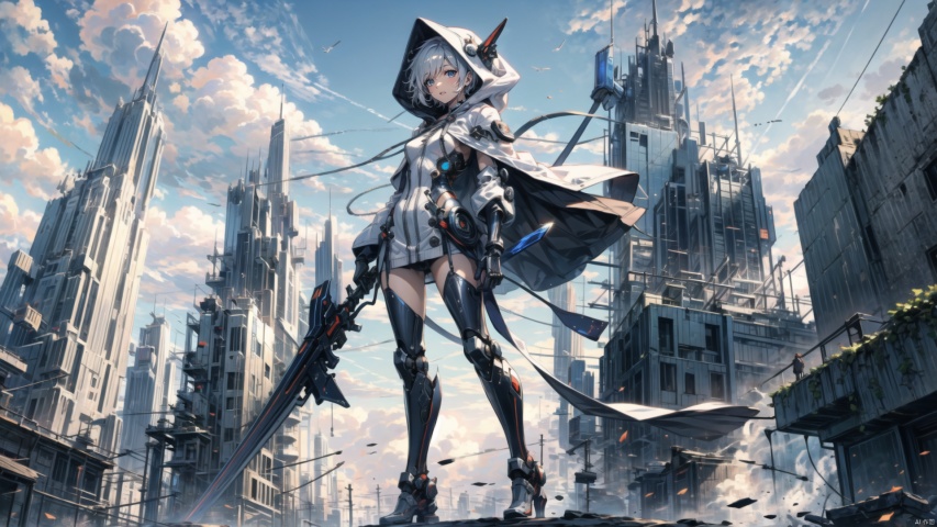  ((masterpiece:1.2)),(( best quality)), 1girl,  ,holding, sky, solo, hood up, , hood, outdoors, cloud, holding machinery sword, blue sky, white hair, short hair, ruins, building, standing, grey hair, day, from below, bodysuit, cape ,machinery, tianxie, ROBOTANIMESTYLE, robot girl,