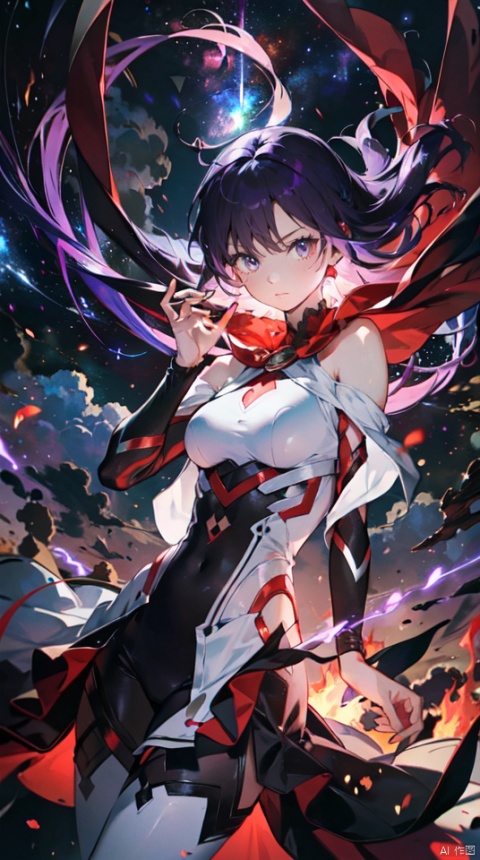  masterpiece, best quality, 1girl, solo, long hair, purple hair, slender,floating hair, mage ,bare shoulders,white dress,white bodysuit , breasts, (perfect hand),attacking, fire,electric ,magic, purple with red theme,galaxy,powerful ,fazhen, r1ge, CLOUD, Lora_hands_v1