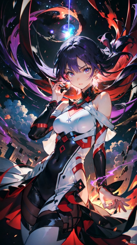  masterpiece, best quality, 1girl, solo, long hair, purple hair, slender,floating hair, mage ,bare shoulders,white dress,white bodysuit , breasts, (perfect hand),attacking, fire,electric ,magic, purple with red theme,galaxy,powerful ,fazhen, r1ge, CLOUD, Lora_hands_v1