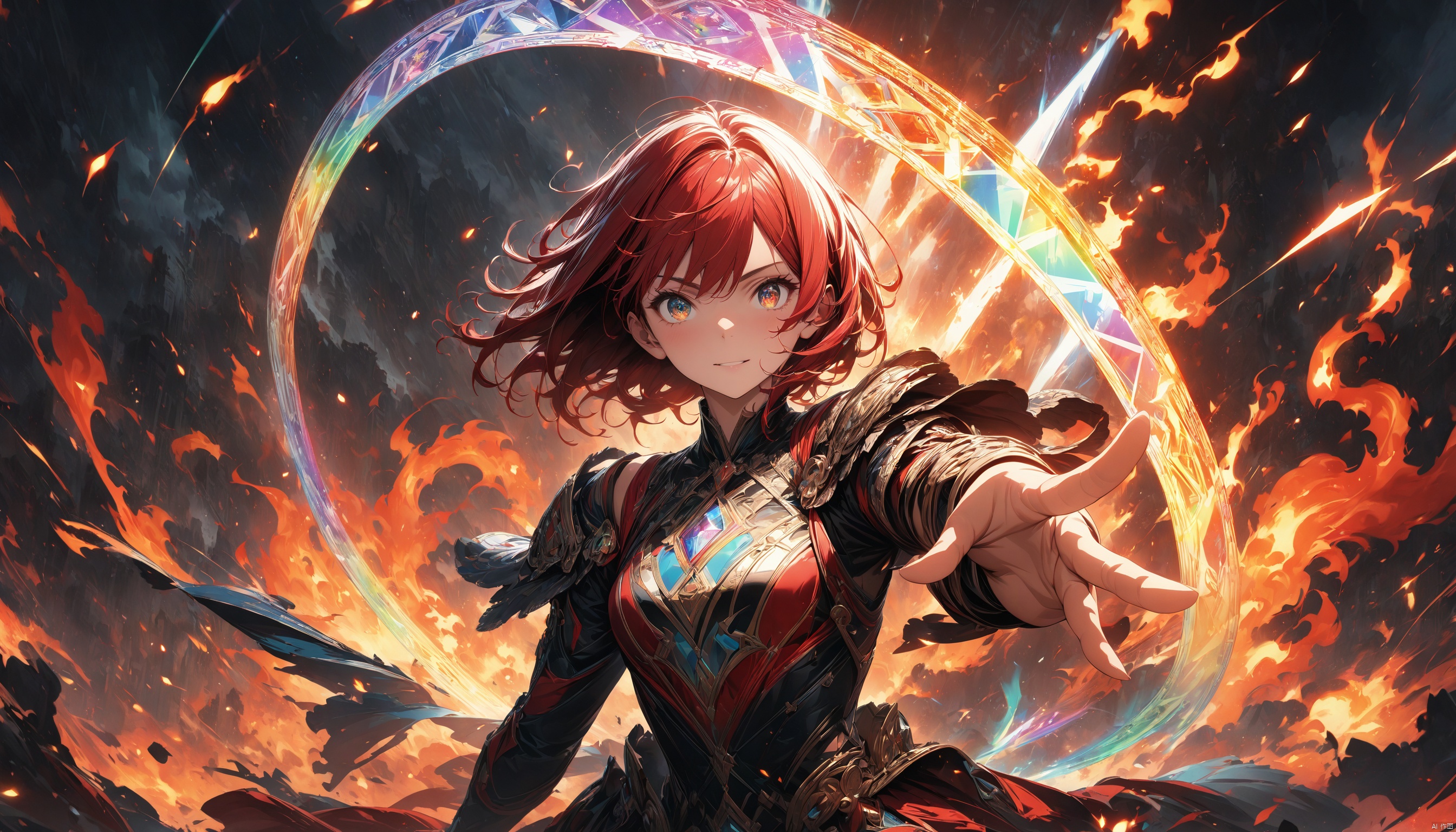  (masterpiece,best quality:1.2),very aesthetic,ultra sharp,ultra details,intricate details,absurdres, powerful, magical, runes, prism rainbow, prism ray, woman, bust, superpowers, fire, flames, red hair
high quality,best quality,extremely detailed eyes,extremely detailed body,extremely detailed finger,  (large masterpiece digital art), (detailed manga illustration), (detailed line art), ((perfect)) anatomy, best hands)), illustration, masterpiece, (extremely detailed CG 8k), (very fine 8K CG),loraeyes,Circle Magical Circle Mantra, more prism, vibrant color, 