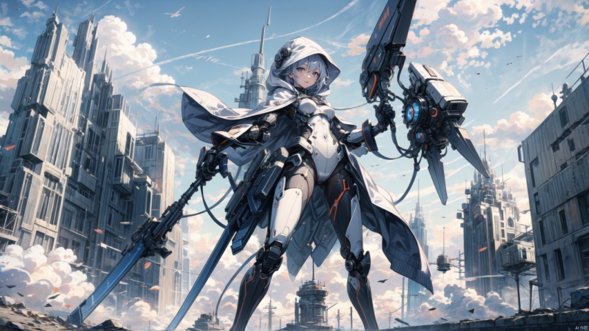  ((masterpiece:1.2)),(( best quality)), 1girl,  ,holding, sky, solo, hood up, , hood, outdoors, cloud, holding sword, blue sky, white hair, short hair, ruins, building, standing, grey hair, day, from below, bodysuit, cape ,machinery, tianxie, ROBOTANIMESTYLE, robot girl,