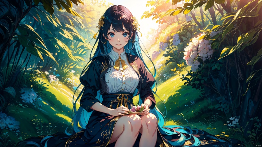 (Masterpiece:1.2), high quality,(pixiv:1.4)forest Girl(long blue hair), age18, blue eyes, daily life of aristocrats, smile(emperor dress ,white, blue, gold embroidery, material: lace and organdy), Beautiful and fantastic image, blue hair, long hair