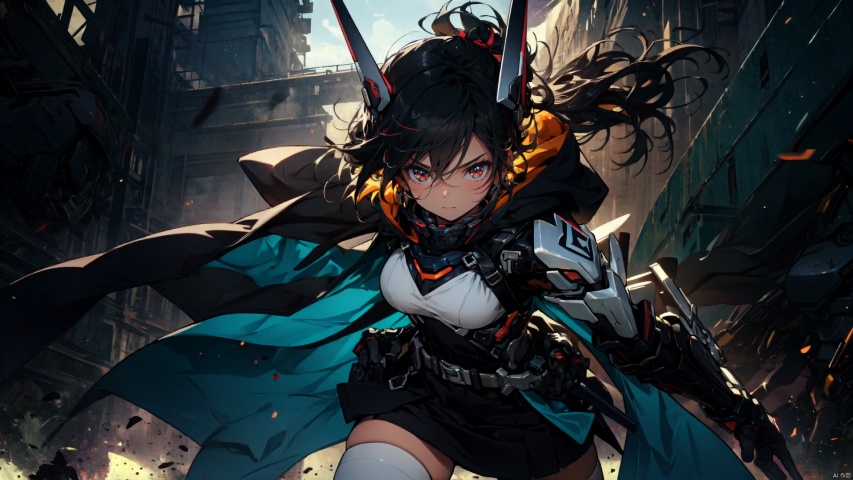  ((masterpiece:1.2)),(( best quality)), 1girl, weapon, black hair, solo, red eyes, sword,  breasts, holding sword, thighhighs, gloves, short hair, looking at viewer, white thighhighs, headgear, multicolored hair, closed mouth, black gloves, streaked hair, elbow gloves,breasts, hair between eyes, dress, mecha musume, hood, cape, machinery