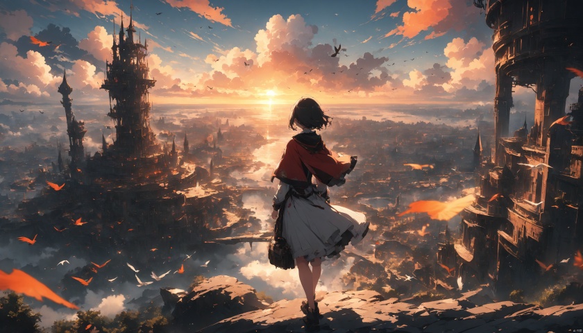  (masterpiece,best quality:1.2),very aesthetic,ultra sharp,ultra details,intricate details,absurdres,1girl, cloud, scenery, sky, solo, outdoors, dress, horizon, fantasy, standing, tower, short hair, sunset, from behind,looking_at_viewer, cloudy sky, bird, capelet, sunrise, blue sky, sunset, facing away, cityscape, city