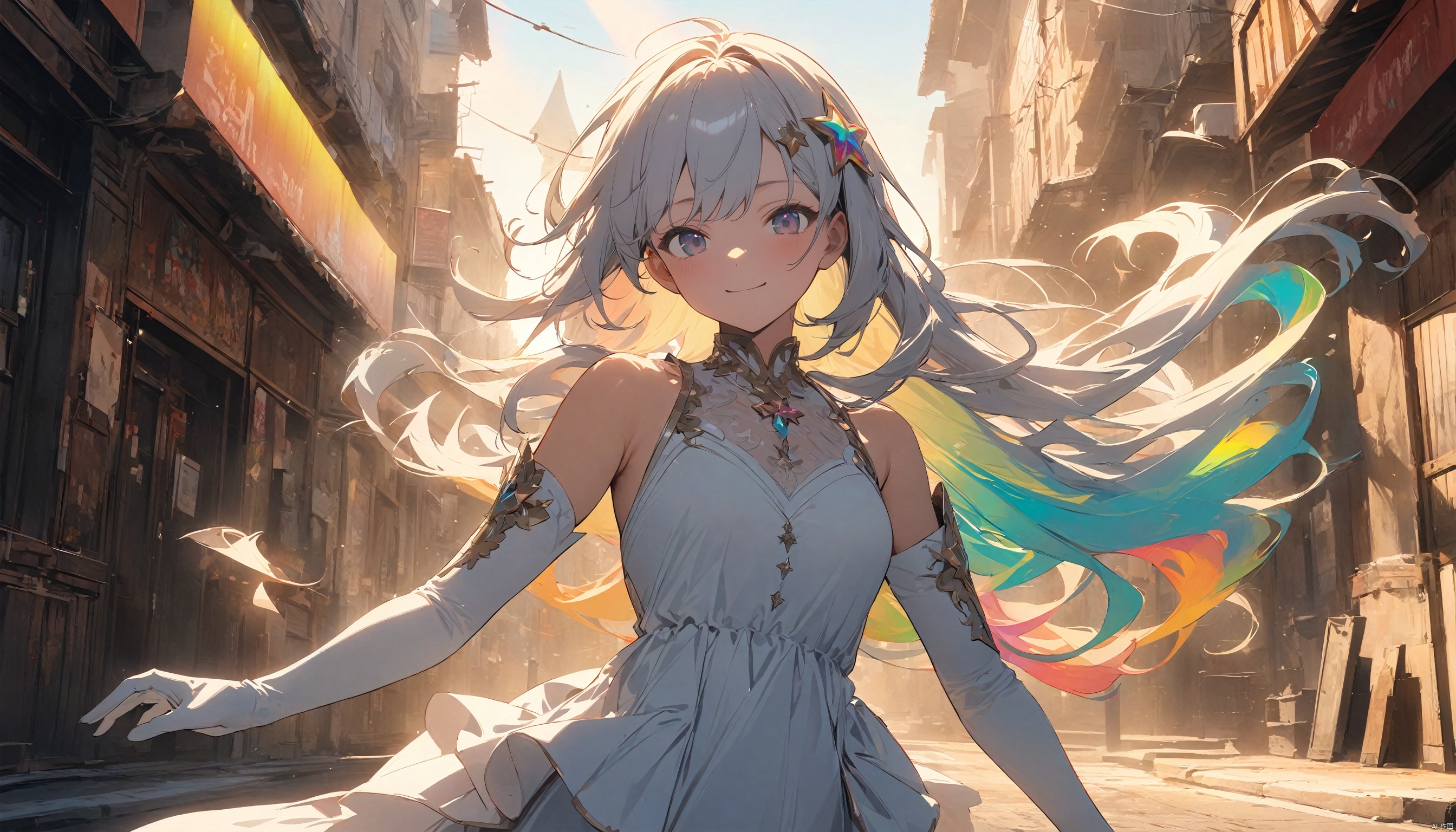  (masterpiece),(best quality:1.3),very aesthetic, absurdres, newest,(highres, best quality:1.2), radiance, soft contours, beautiful drawing, upper body, concept art, detailed background, bright colors,
1girl, (illustration), (perfect details, highest detailed, extreme detailed), dramatic light, (white thighhighs, elbow gloves, hair ornament, star hair ornament, dress), rainbow hair, long hair), (street, sunlight, shy smile, floating hair, )