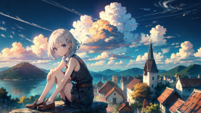 (Masterpiece:1.2), high quality,(pixiv:1.4),(fansty world),1girl,cute,kawaii,solo,looking at viewe, looking at viewer, jewelry, blue eyes, short hair, earrings, white hair, bangs, small breasts, the girl is sitting on top of a castle building overlooking the view and some sky,  scenery, sky, outdoors, cloud, v, blue sky,  day, building, cat,((poakl)),