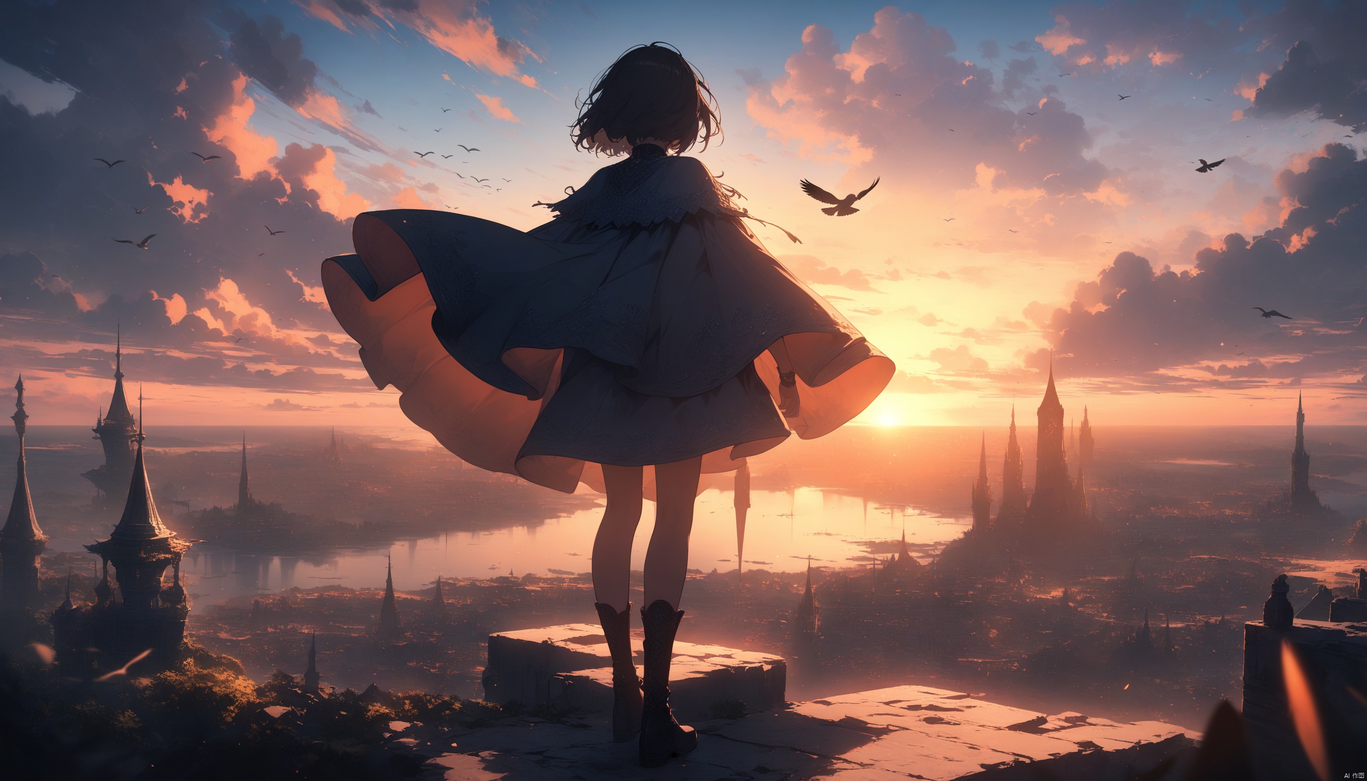 masterpiece,best quality,very aesthetic,ultra sharp,ultra details,intricate details,absurdres,1girl, cloud, scenery, sky, solo, outdoors, dress, horizon, fantasy, standing, tower, short hair, sun, from behind, cloudy sky, bird, capelet, sunrise, blue sky, sunset, facing away, cityscape, city