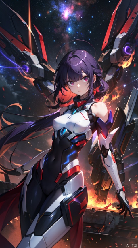  masterpiece, best quality, 1girl, solo, long hair, purple hair, slender,floating hair ,(extremely delicate eyes:1.3),futuristic armour, (extremely detailed mecha shiny armour),bare shoulders,white tight bodysuit , breasts, (perfect body),attacking, fire,electric ,magic, purple with red theme,galaxy,powerful ,fazhen, r1ge, CLOUD, Lora_hands_v1