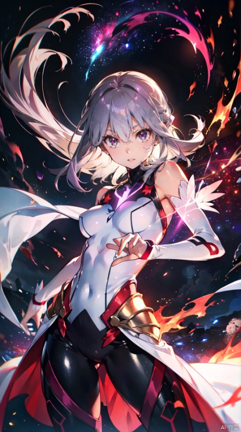  masterpiece, best quality, 1girl, solo, long hair, purple hair, slender,floating hair ,(extremely delicate eyes:1.3),mage, detailed light silver shiny armour,bare shoulders,white tight bodysuit , breasts, (perfect body),attacking pose,fire,electric ,magic, purple with red theme,galaxy,powerful ,fazhen, r1ge, CLOUD, Lora_hands_v1, prisma illya,1girl,solo,looking at viewe