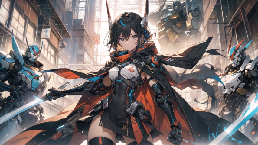  ((masterpiece:1.2)),(( best quality)), 1girl, weapon, black hair, solo, red eyes, sword, breasts, holding sword, thighhighs, gloves, short hair, looking at viewer, white thighhighs, headgear, multicolored hair, closed mouth, black gloves, streaked hair, elbow gloves,breasts, hair between eyes, dress, mecha musume, hood, cape, machinery, tianxie, ROBOTANIMESTYLE, robot girl,