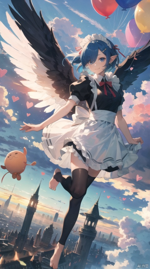  masterpiece, best quality, 1girl, 30 years old,solo,breasts, looking at viewer,(fantasy) ,smile, elf ears,short hair, blue eyes,(sunset:1.1),magic circle, hair ornament, ribbon, blue hair, hair ribbon, angel wings with wind effect, hair over one eye, barefoot,cloud,maid, parody, hearts balloon,sky castle, roswaal mansion maid uniform,  sky,cloud, segaev, landing, lora_eyes10, , jellyfishforest, See through maid