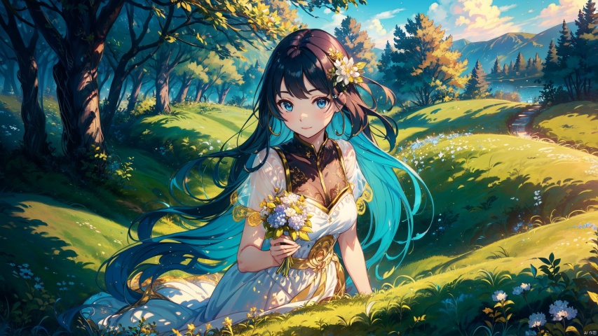 (Masterpiece:1.2), high quality,(pixiv:1.4)forest Girl(long blue hair), age18, blue eyes, daily life of aristocrats, smile(emperor dress ,white, blue, gold embroidery, material: lace and organdy), Beautiful and fantastic image, blue hair, long hair