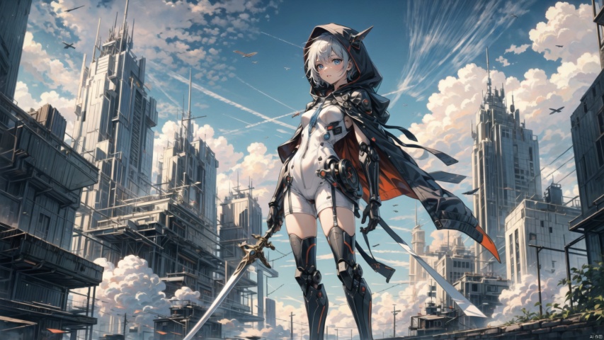  ((masterpiece:1.2)),(( best quality)), 1girl,  ,holding, sky, solo, hood up, , hood, outdoors, cloud, holding machinery sword, blue sky, white hair, short hair, ruins, building, standing, grey hair, day, from below, bodysuit, cape ,machinery, tianxie, ROBOTANIMESTYLE, robot girl,