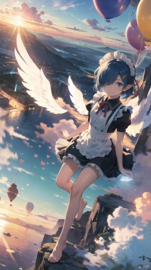  masterpiece, best quality, 1girl, 30 years old,solo, small breasts, looking at viewer,(fantasy) ,smile, elf ears,short hair, blue eyes,(sunset:1.1), hair ornament, ribbon, blue hair, hair ribbon, angel wings with wind effect, hair over one eye, barefoot,cloud,maid, parody, hearts balloon,sky castle, roswaal mansion maid uniform,  sky,cloud, segaev, landing, lora_eyes10, , jellyfishforest, See through maid