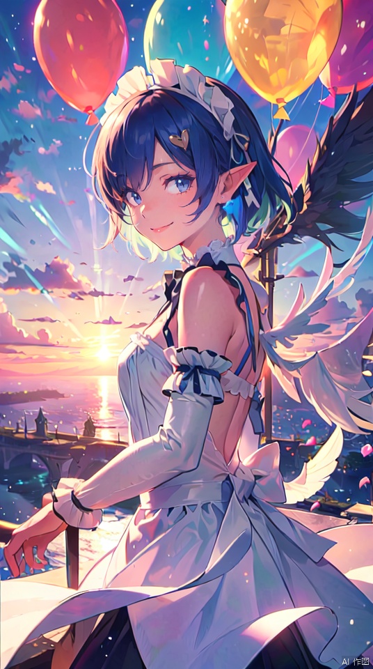  masterpiece, best quality, 1girl, 30 years old,solo, small breasts, looking at viewer,(fantasy) ,smile, elf ears,short hair, blue eyes,(sunset:1.1), （upper body:1.1),hair ornament, ribbon, blue hair, hair ribbon, detached sleeves, angel wings with wind effect, hair over one eye, barefoot,cloud,maid, maid headdress, parody, hearts balloon,sky castle, roswaal mansion maid uniform,  sky,cloud, segaev, landing, lora_eyes10, , jellyfishforest