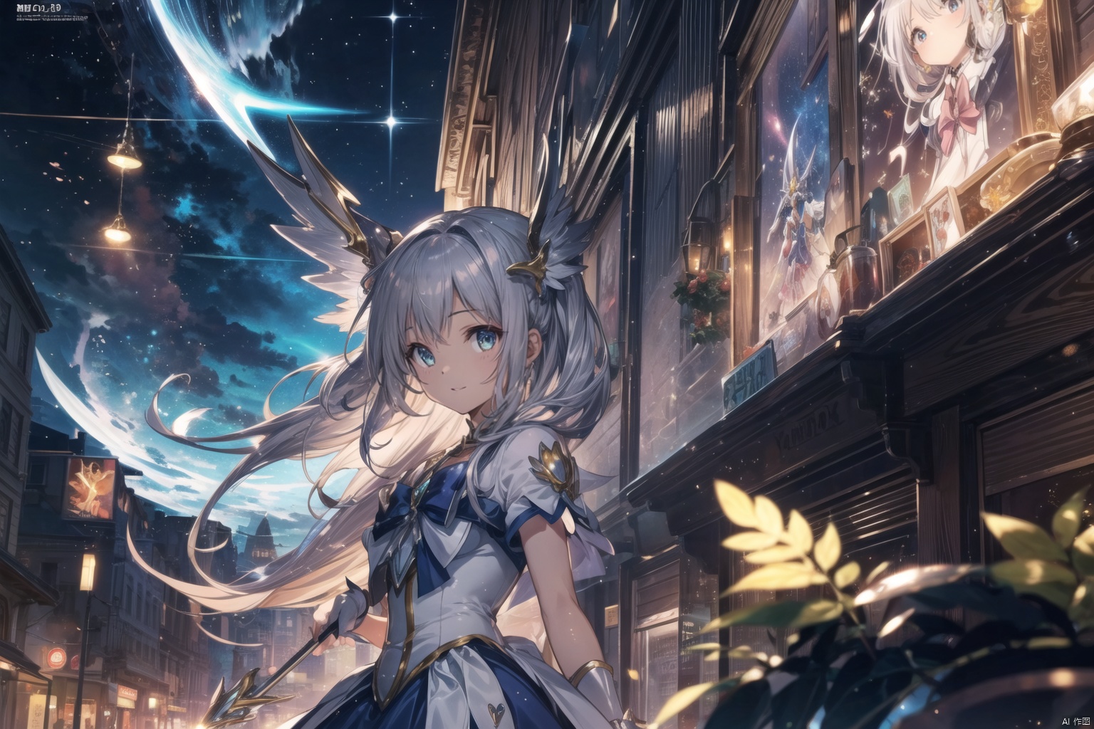(Magical girl:1.3),comic magazine cover,smile,(ultra detailed perfect piece:1.2), illustration, masterpiece, (extremely detailed CG 8k), (very fine 8K CG),(silver hair:1.2), (long hair),green eyes,sparkling