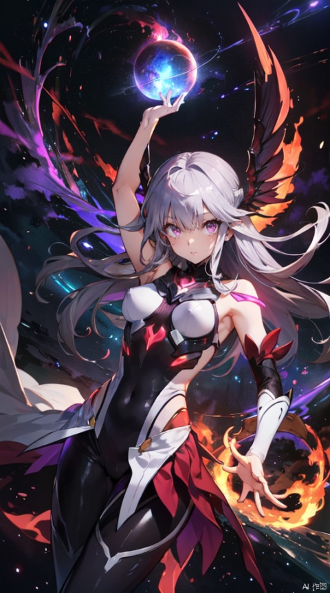  masterpiece, best quality, 1girl, solo, long hair, purple hair, slender,floating hair ,(extremely delicate eyes:1.3),mage, detailed light silver shiny armour,bare shoulders,white tight bodysuit , breasts, (perfect body),attacking pose,fire,electric ,magic, purple with red theme,galaxy,powerful ,fazhen, r1ge, CLOUD, Lora_hands_v1, prisma illya