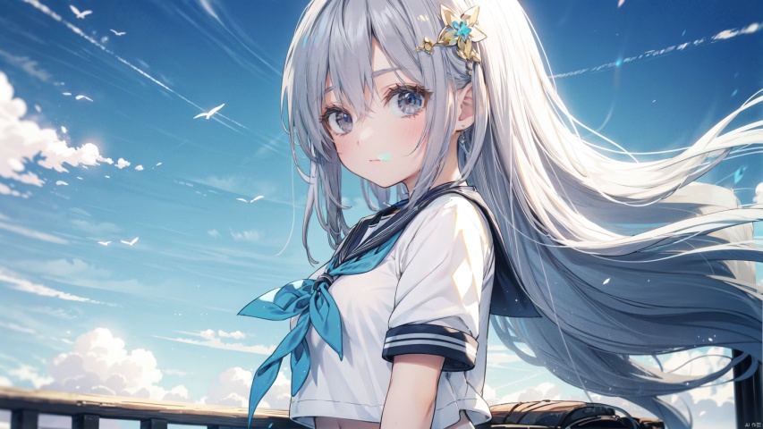 1girl, solo, long hair, breasts, looking at viewer, blush, smile, bangs, blue eyes, shirt, hair ornament, school uniform, white shirt, upper body, white hair, short sleeves, outdoors, sky, teeth, serafuku, day, cloud, sailor collar, grin, from side, blue sky, neckerchief, floating hair, white sailor collar, railing, blue neckerchief, cozy anime, segaev