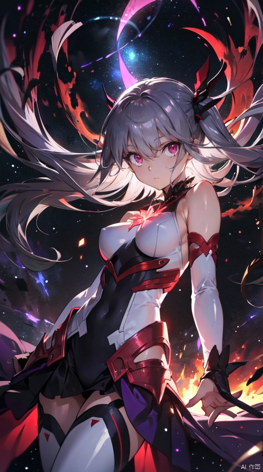  masterpiece, best quality, 1girl, solo, long hair, purple hair, slender,floating hair ,(extremely delicate eyes:1.3),mage, detailed light silver shiny armour,bare shoulders,white tight bodysuit , breasts, (perfect body),attacking, fire,electric ,magic, purple with red theme,galaxy,powerful ,fazhen, r1ge, CLOUD, Lora_hands_v1, prisma illya