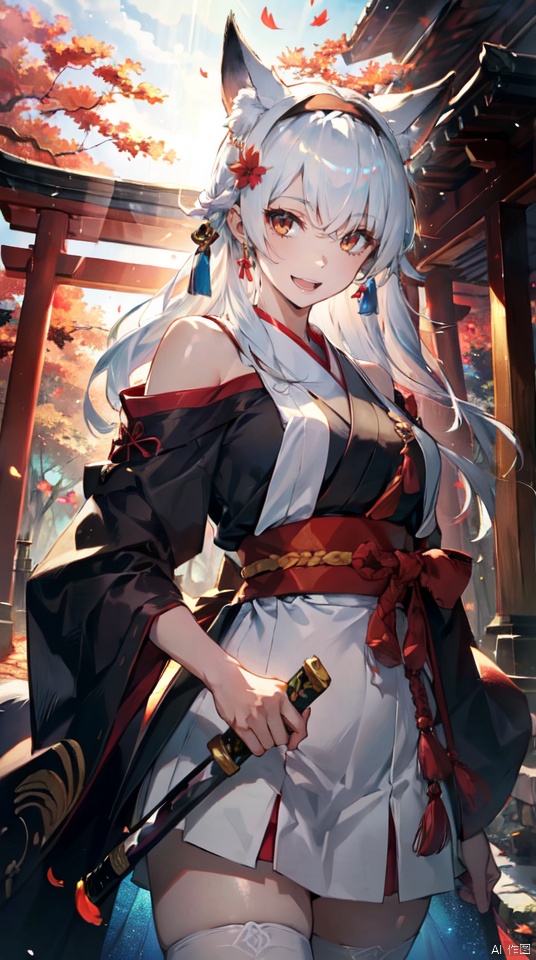 masterpiece, best quality, intricate details, 1girl, upper body,solo, slender, tall,long hair, looking at viewer,  white hair, very long hair, outdoors, serafuku, hair ornament, thighhighs, bare shoulders, jewelry, hairband, earrings, detached sleeves, japanese clothes,wide sleeves, white thighhighs, red skirt, obi, sandals,, tassel, hakama, nontraditional miko, hip vent,sword, red eyes, tree, leaf, katana, realistic, autumn leaves, torii, autumn,fox ears, iridescent light,(glow light:1.1)
, taoist, backlight, segaev, Lora_hands_v1, lora_eyes10