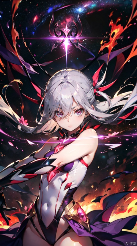  masterpiece, best quality, 1girl, solo, long hair, purple hair, slender,floating hair ,(extremely delicate eyes:1.3),mage, detailed light silver shiny armour,bare shoulders,white tight bodysuit , breasts, (perfect body),attacking pose,fire,electric ,magic, purple with red theme,galaxy,powerful ,fazhen, r1ge, CLOUD, Lora_hands_v1, prisma illya,1girl,solo,looking at viewe