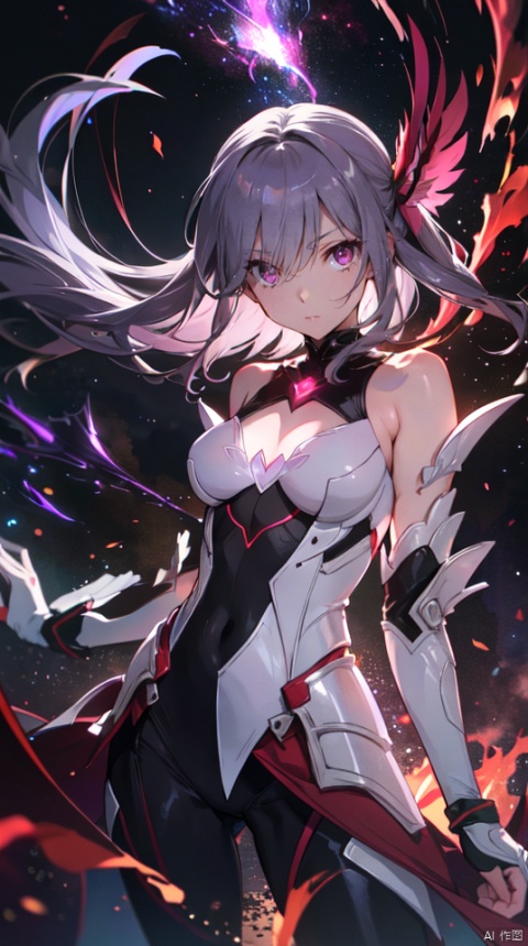  masterpiece, best quality, 1girl, solo, long hair, purple hair, slender,floating hair ,(extremely delicate eyes:1.3),mage, detailed light silver shiny armour,bare shoulders,white tight bodysuit , breasts, (perfect body),attacking, fire,electric ,magic, purple with red theme,galaxy,powerful ,fazhen, r1ge, CLOUD, Lora_hands_v1, prisma illya