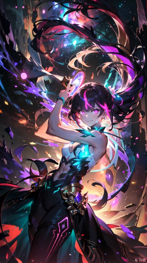  masterpiece, best quality, 1girl, solo, long hair, purple hair, long white dress,slender,fantasy,,floating hair, glowing,
teal eyes,(bloom effect), (glow), bare shoulders, (muscle), jewel like eyes, white and pure white, small breasts, (abs), teal hair, (glowing), (strong body), dress, body neon trim,smirk,fire,electric ,magic, purple with red theme,galaxy,powerful ,fazhen, r1ge, CLOUD
