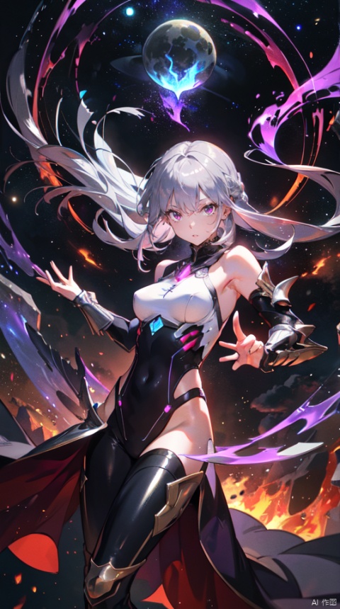  masterpiece, best quality, 1girl, solo, long hair, purple hair, slender,floating hair ,(extremely delicate eyes:1.3)futuristic armour, (extremely detailed silver shiny armour),bare shoulders,white tight bodysuit , breasts, (perfect body),attacking, fire,electric ,magic, purple with red theme,galaxy,powerful ,fazhen, r1ge, CLOUD, Lora_hands_v1