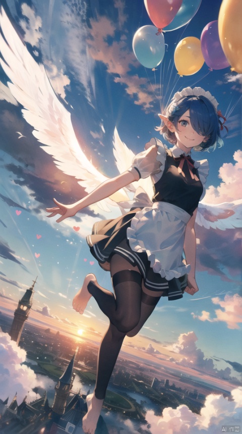  masterpiece, best quality, 1girl, 30 years old,solo, small breasts, looking at viewer,(fantasy) ,smile, elf ears,short hair, blue eyes,(sunset:1.1), hair ornament, ribbon, blue hair, hair ribbon, angel wings with wind effect, hair over one eye, barefoot,cloud,maid, parody, hearts balloon,sky castle, roswaal mansion maid uniform,  sky,cloud, segaev, landing, lora_eyes10, , jellyfishforest, See through maid