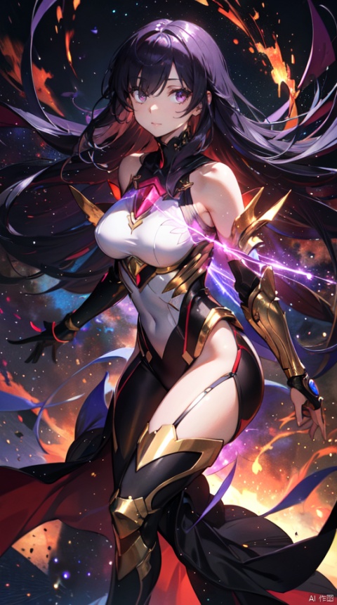  masterpiece, best quality, 1girl, solo, long hair, purple hair, slender,floating hair ,(extremely delicate eyes:1.3)futuristic armour, (extremely detailed golden shiny armour),bare shoulders,white tight bodysuit , breasts, (perfect body),attacking, fire,electric ,magic, purple with red theme,galaxy,powerful ,fazhen, r1ge, CLOUD, Lora_hands_v1