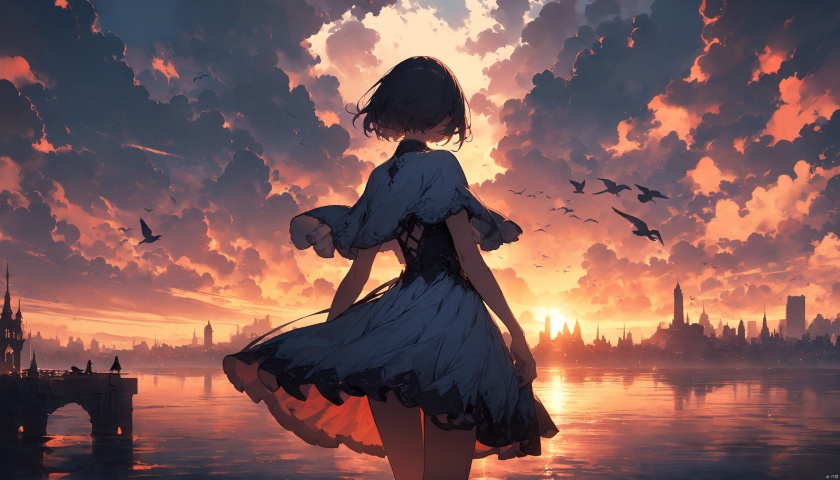 masterpiece,best quality,very aesthetic,ultra sharp,ultra details,intricate details,absurdres,1girl, cloud, scenery, sky, solo, outdoors, dress, horizon, fantasy, standing, tower, short hair, sunset, from behind, cloudy sky, bird, capelet, sunrise, blue sky, sunset, facing away, cityscape, city