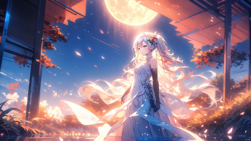 an anime character standing in the mist in a soft light setting with leaves in the air, 1girl, hatsune miku, solo, dress, long hair, closed eyes, twintails, elbow gloves, gloves, petals, very long hair, white dress, hair ornament,As the moon,jellyfishforest