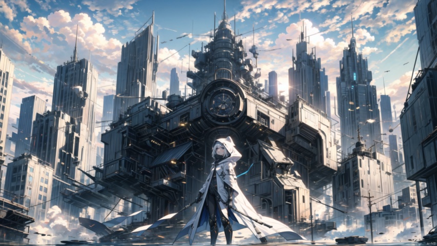  ((masterpiece:1.2)),(( best quality)), 1girl,  ,holding, sky, solo, hood up, , hood, outdoors, cloud, holding machinery sword, blue sky, white hair, short hair, ruins, building, standing, grey hair, day, from below, bodysuit, cape ,machinery, tianxie, ROBOTANIMESTYLE, robot girl,