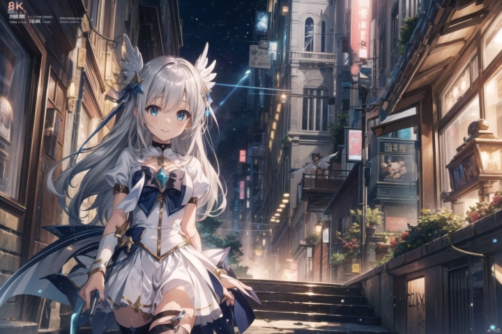 (Magical girl:1.3),comic magazine cover,smile,(ultra detailed perfect piece:1.2), illustration, masterpiece, (extremely detailed CG 8k), (very fine 8K CG),(silver hair:1.2), (long hair),green eyes,sparkling