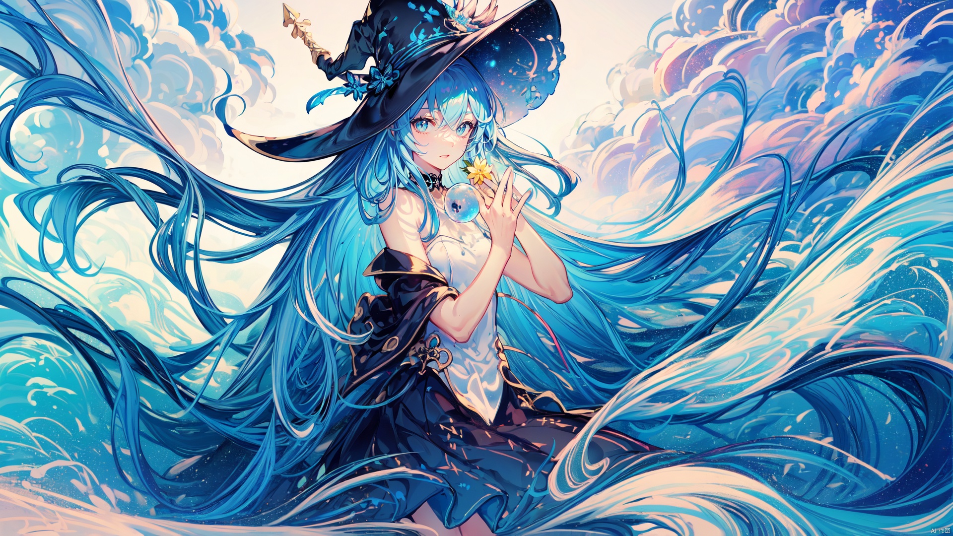  (((masterpiece))), ((extremely detailed CG unity 8k wallpaper)), best quality, high resolution illustration, Amazing, highres, intricate detail, (best illumination, best shadow, an extremely delicate and beautiful), Fantasy World,a little girl, cute girl, bare shoulders,closed mouth, 
long hair, blue hair, blue eyes, blue which hat, 
oversized white shirt, dark cape, wind magic, 
(long sorcerer's staff, holding a wand with a blue crystal orb at the tip in one hand:1.2), magic pose,
kawaiitech, kawaii, cute colors, Magic Circle, Magic MIX1, fansty world