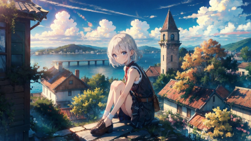 (Masterpiece:1.2), high quality,(pixiv:1.4),(fansty world),1girl,cute,kawaii,solo,looking at viewe, looking at viewer, jewelry, blue eyes, short hair, earrings, white hair, bangs, small breasts, the girl is sitting on top of a castle building overlooking the view and some sky,  scenery, sky, outdoors, cloud, v, blue sky,  day, building, cat,((poakl)),